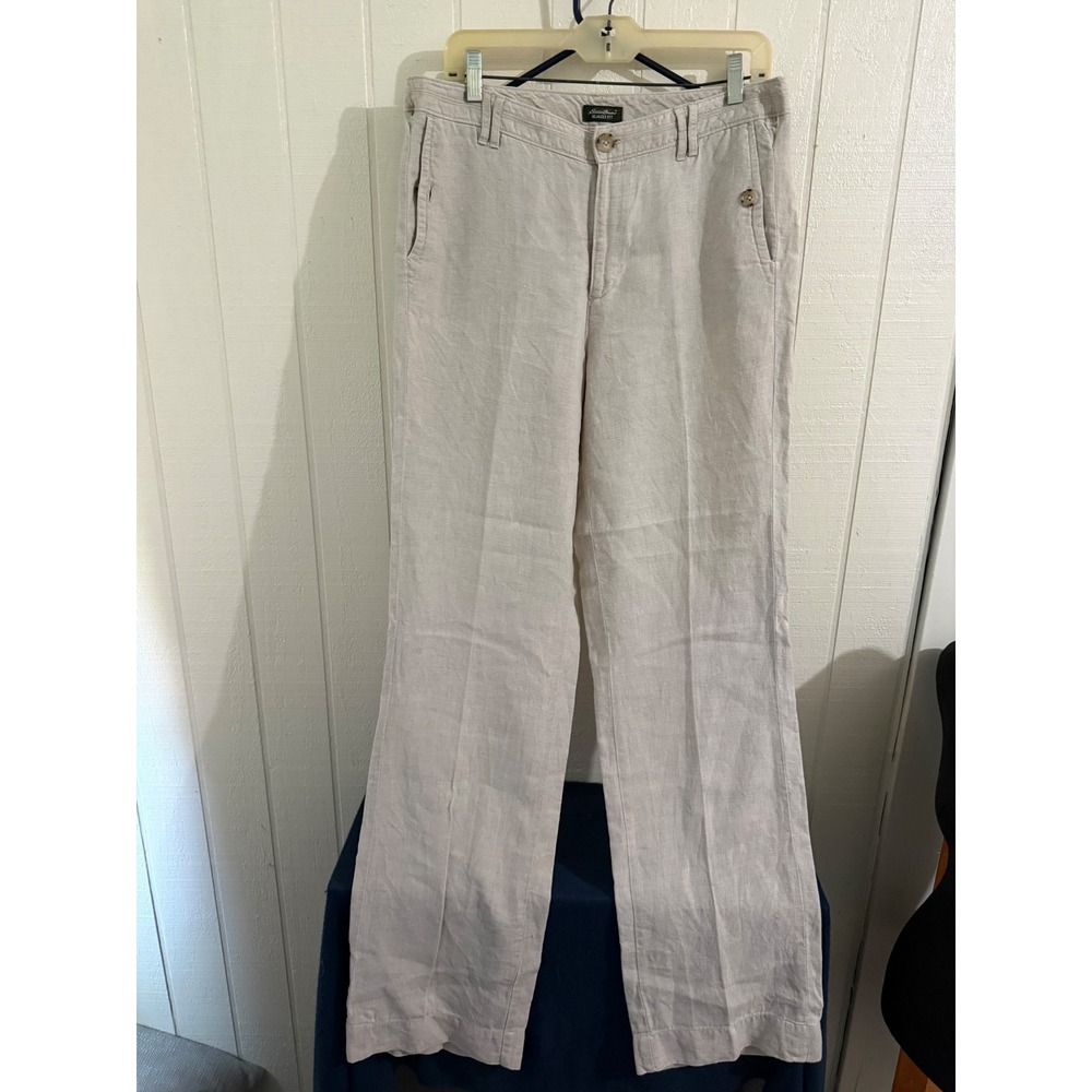 Eddie Bauer Blakely Fit 100% Linen Pants Beige Oatmeal Straight Leg Tall Size 12